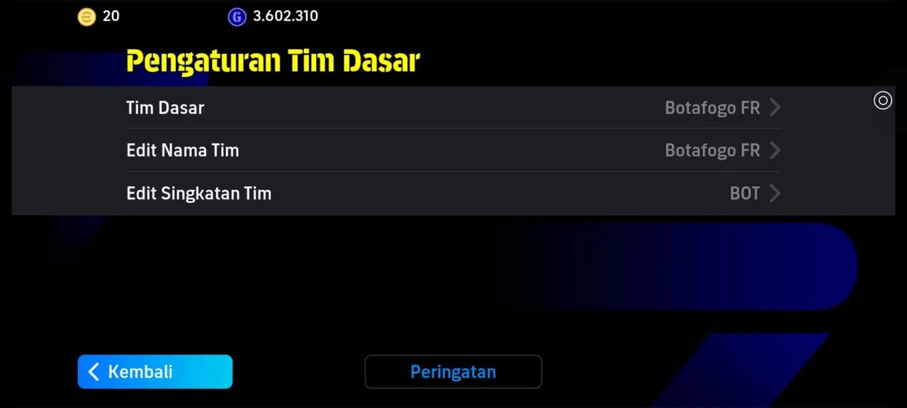 Menu Base Team Settings eFootball dengan kolom nama tim dan singkatan