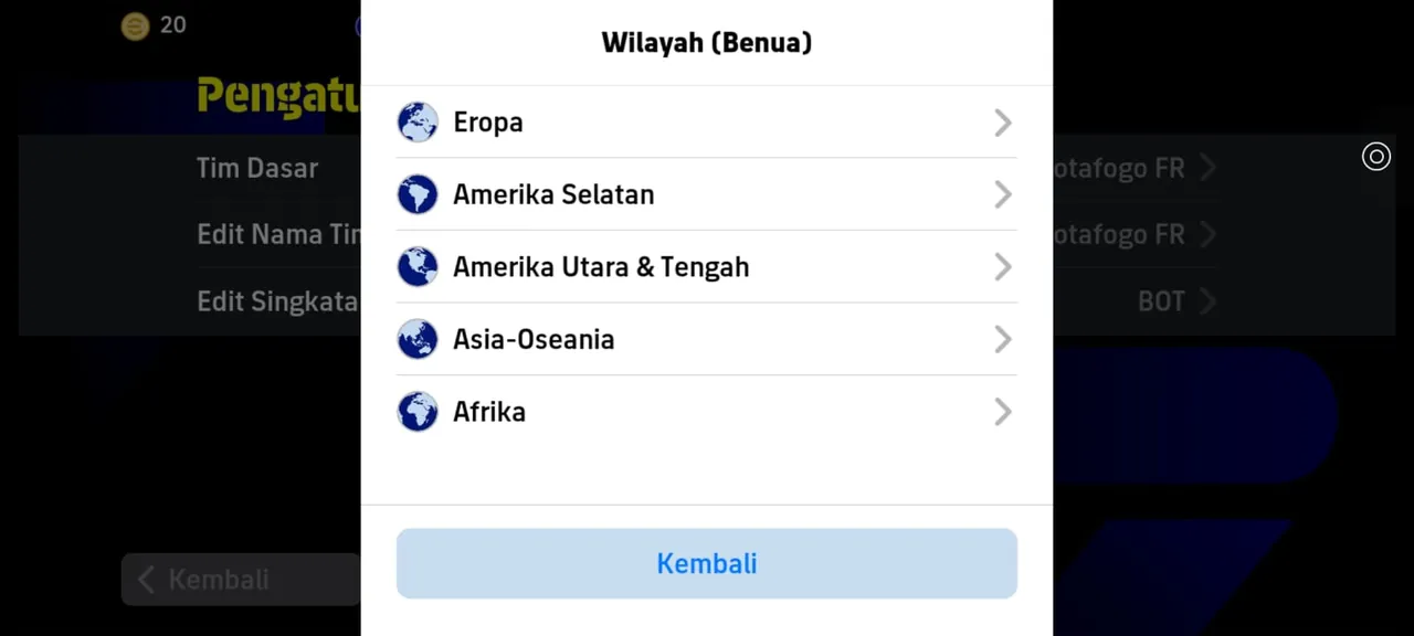 Pilihan tim dasar eFootball berdasarkan region, liga dan klub