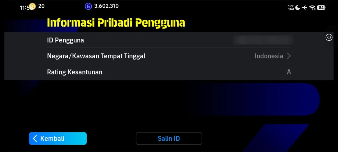 Halaman info pengguna eFootball yang menampilkan User ID akun