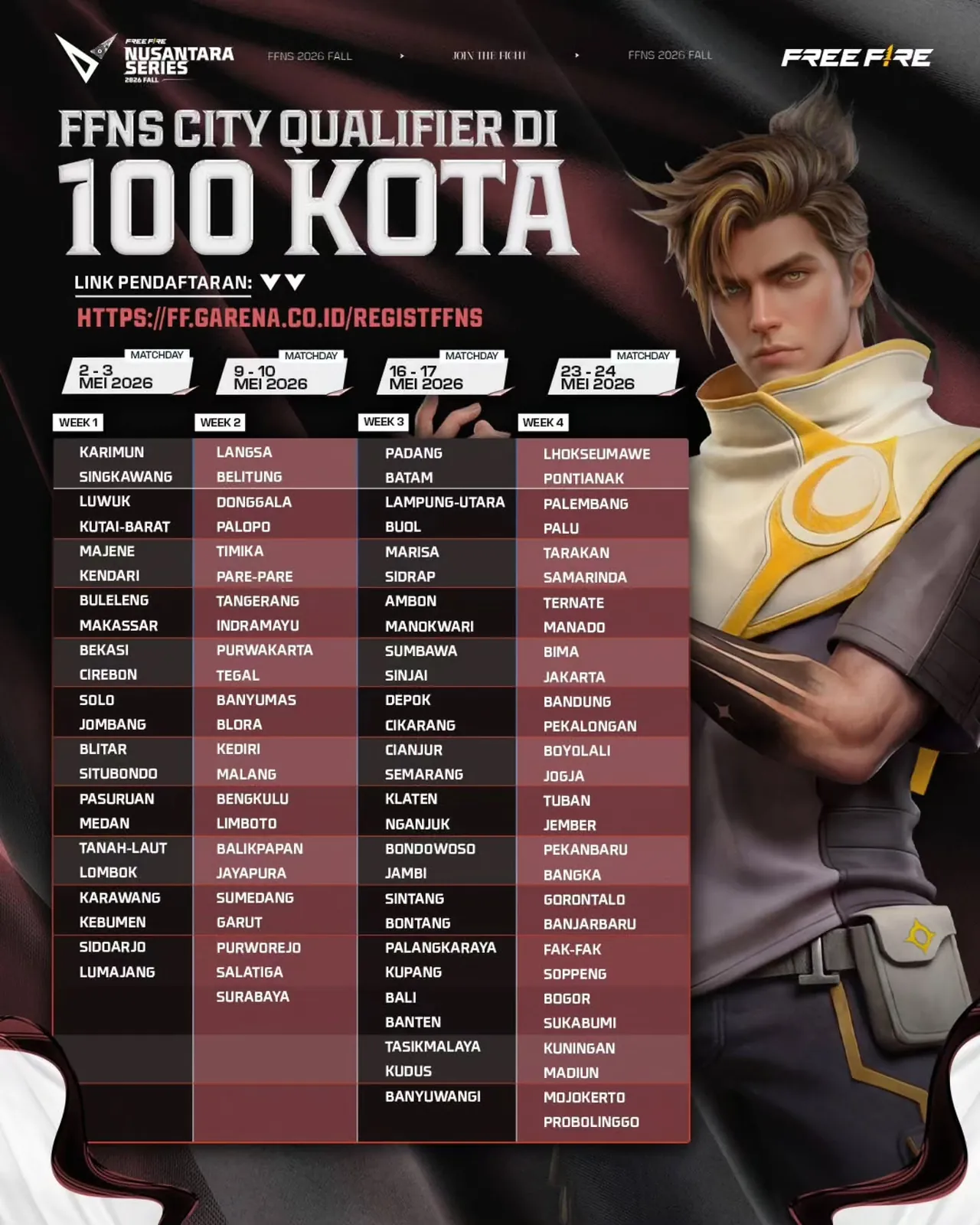 Poster Free Fire Nusantara Series dengan tahapan City Qualifier