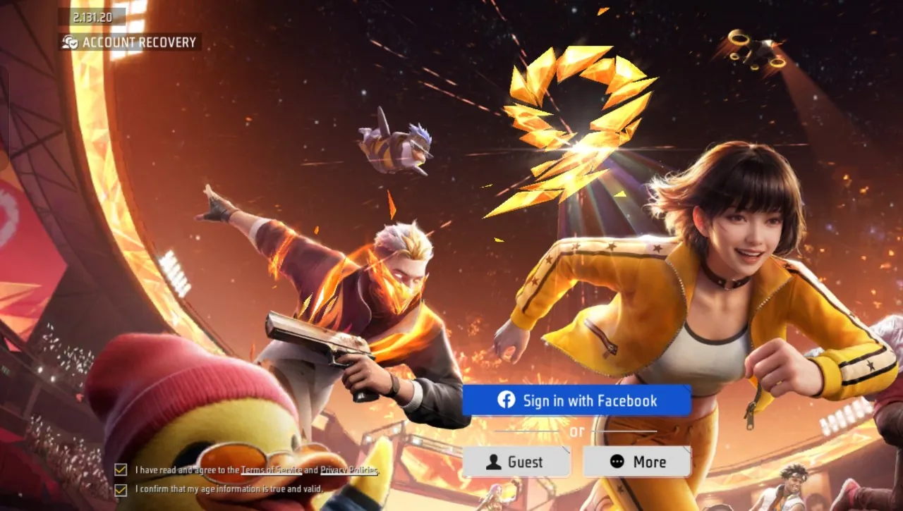 Layar login Free Fire dengan pilihan Facebook, Guest, More, dan tombol Account Recovery.