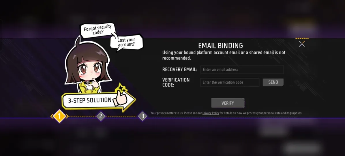 Menu Email Binding Free Fire untuk memasukkan email pemulihan dan kode verifikasi.