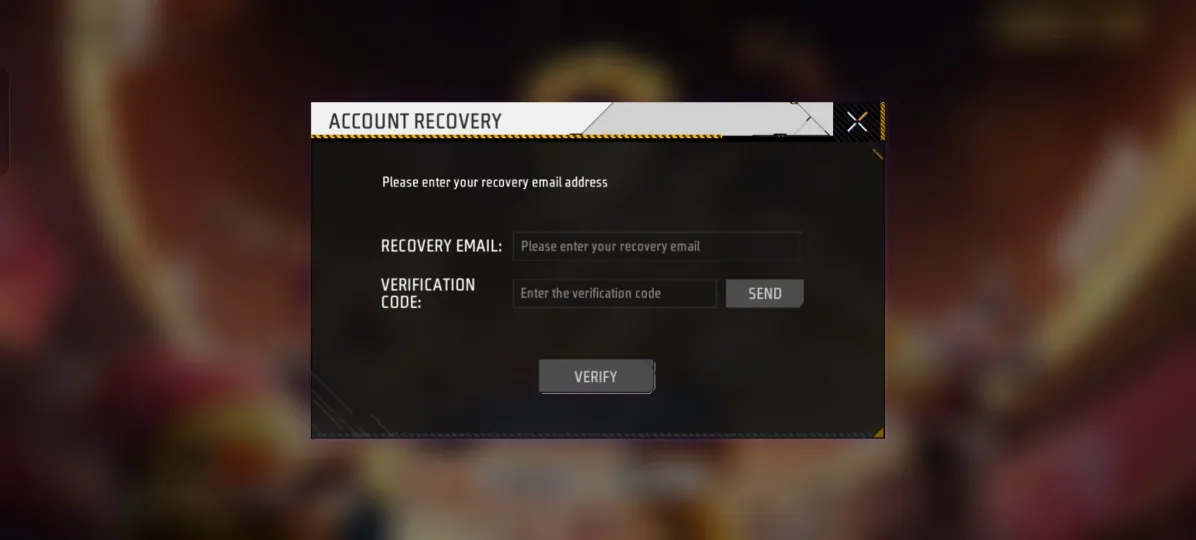 Formulir Account Recovery Free Fire dengan kolom email pemulihan dan kode verifikasi.