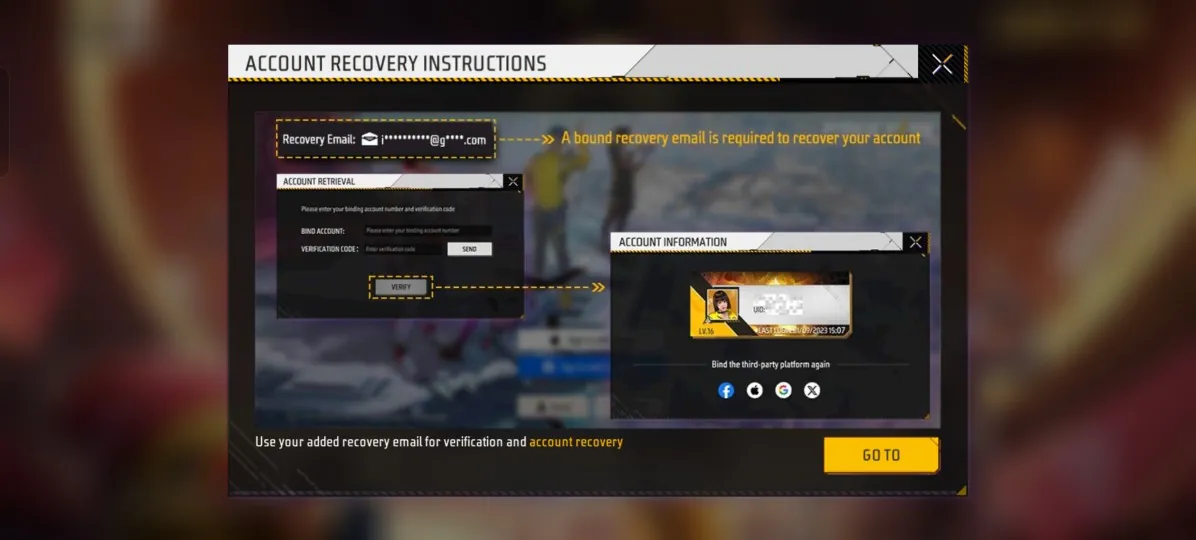 Petunjuk Account Recovery Free Fire untuk memverifikasi email dan menghubungkan akun ke platform login baru.