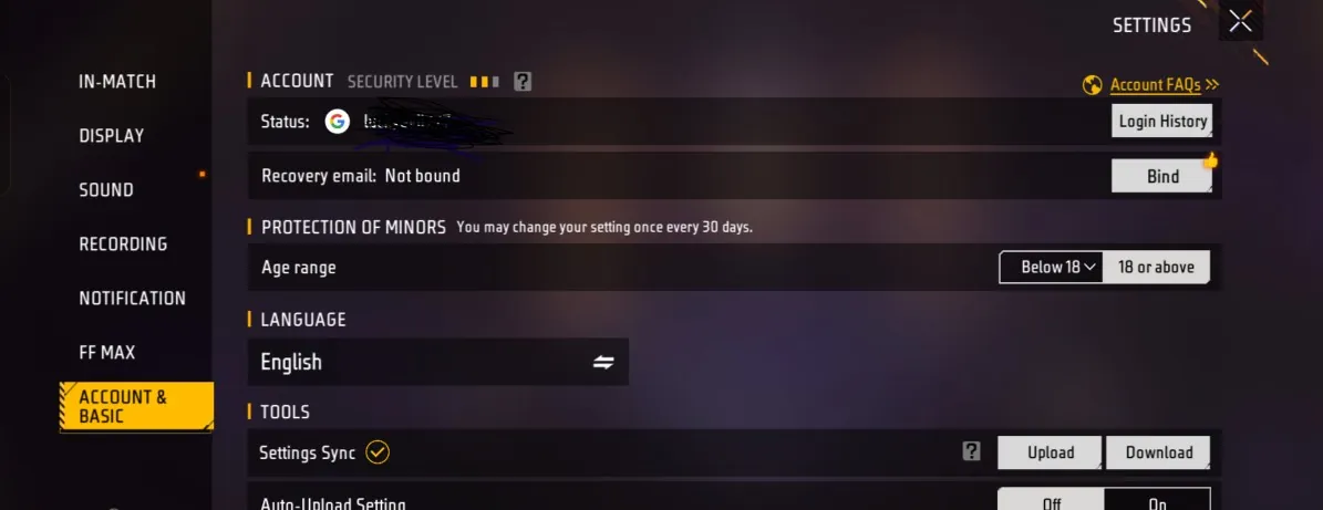 Pengaturan Account and Basic Free Fire dengan status login Google, Login History, dan Recovery email yang belum terhubung.
