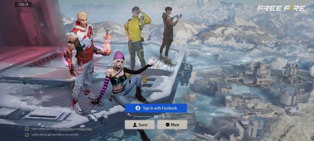 Layar login Free Fire dengan pilihan Sign in with Facebook, Guest, dan More.