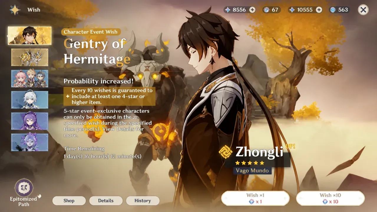 Contoh banner Character Event Wish Gentry of Hermitage yang menampilkan Zhongli.