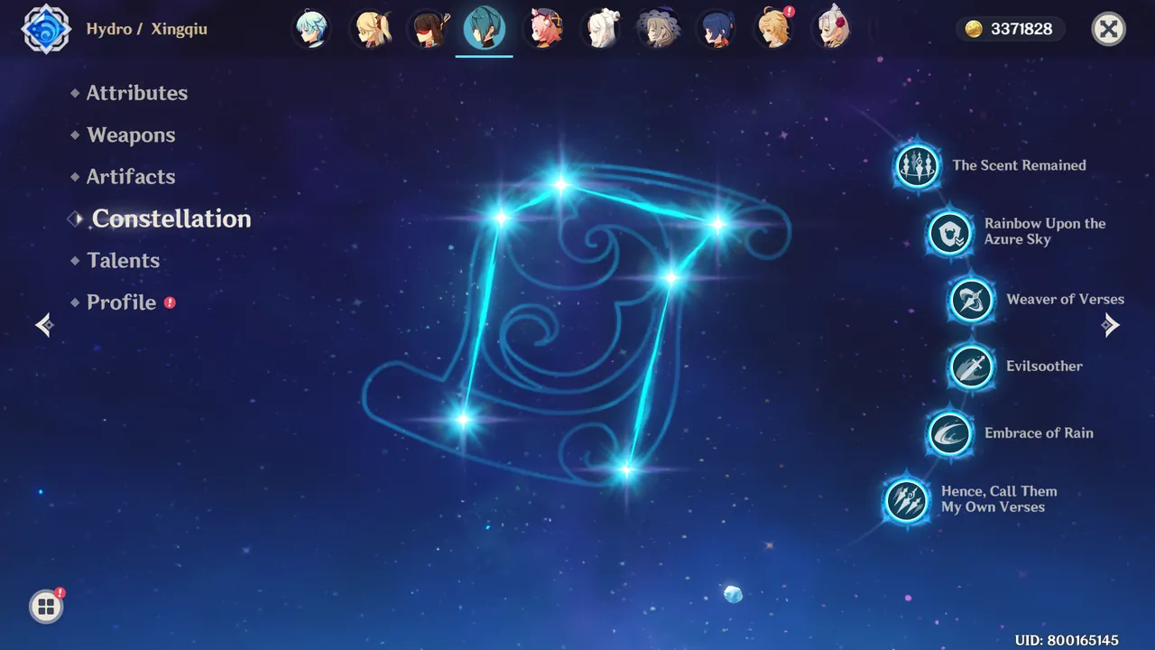 Menu Constellation Xingqiu di Genshin Impact yang menampilkan enam tahap konstelasi.