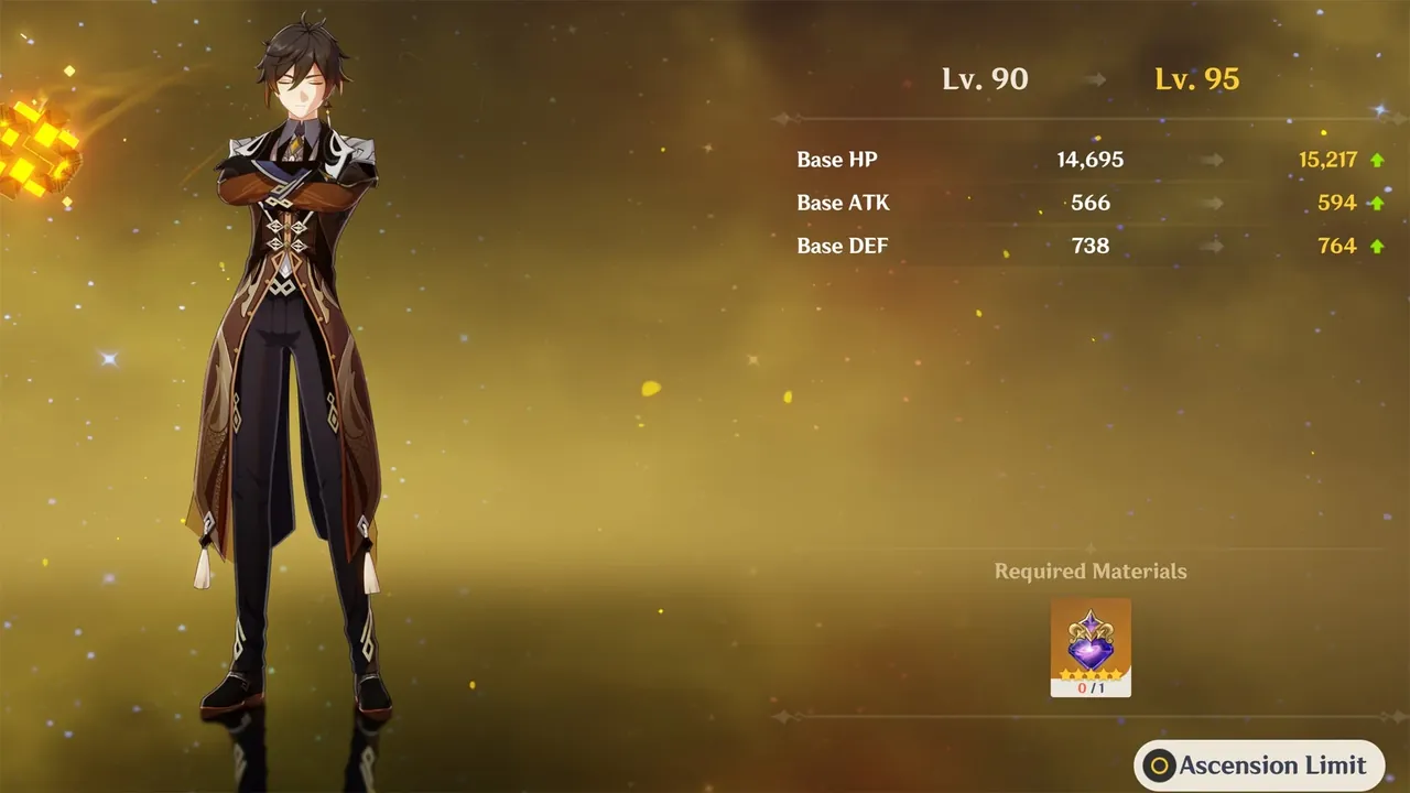 Layar peningkatan batas level Zhongli dari level 90 ke 95 menggunakan Masterless Stella Fortuna.