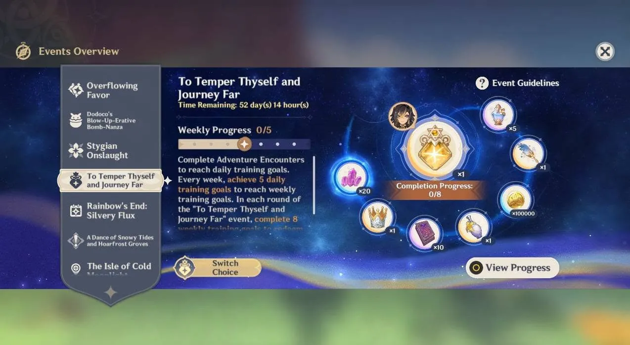 Halaman event To Temper Thyself and Journey Far dengan target mingguan dan hadiah Stella Fortuna.