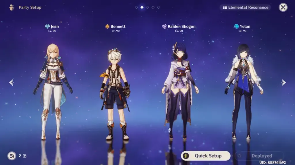 Party of four characters with different elements in Genshin Impact