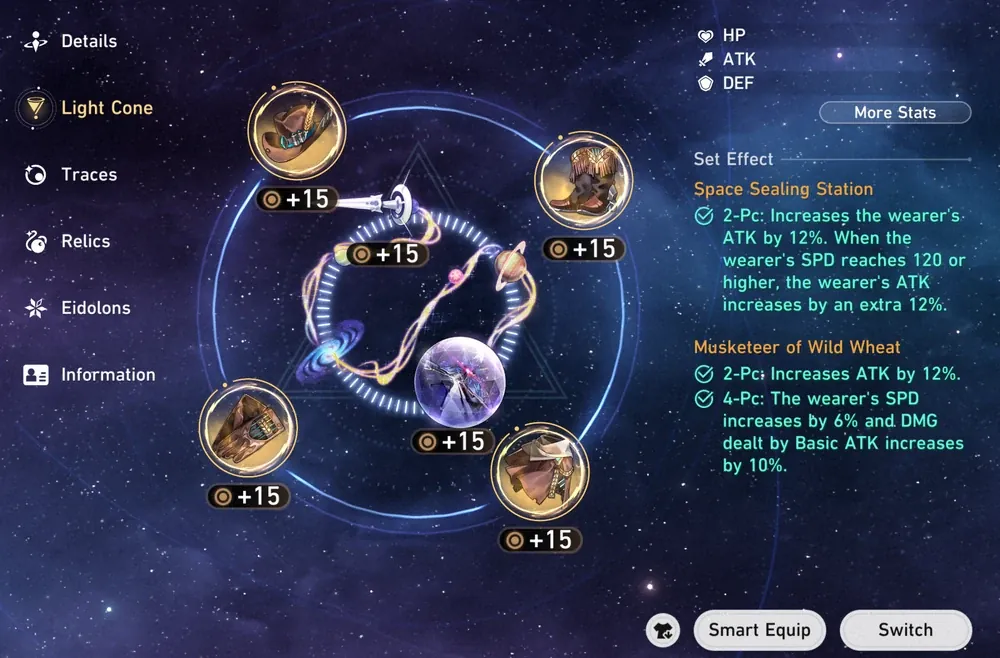 Relic tab of the Omni-Synthesizer showing set and slot selection in Honkai: Star Rail