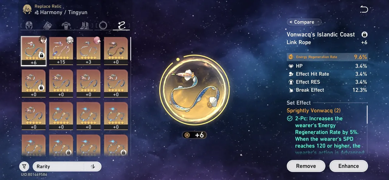 Link Rope relic with an Energy Regeneration Rate main stat in Honkai: Star Rail