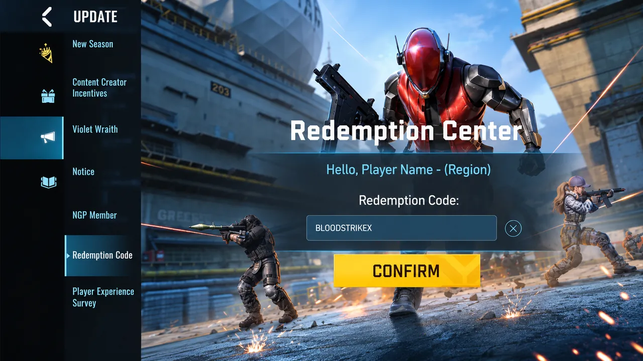 Kolom input kode redeem dan tombol Confirm di Blood Strike