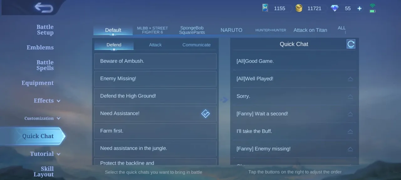 Menu Quick Chat MLBB untuk memilih pesan Defend, Attack, dan Communicate serta mengatur urutan pesan.