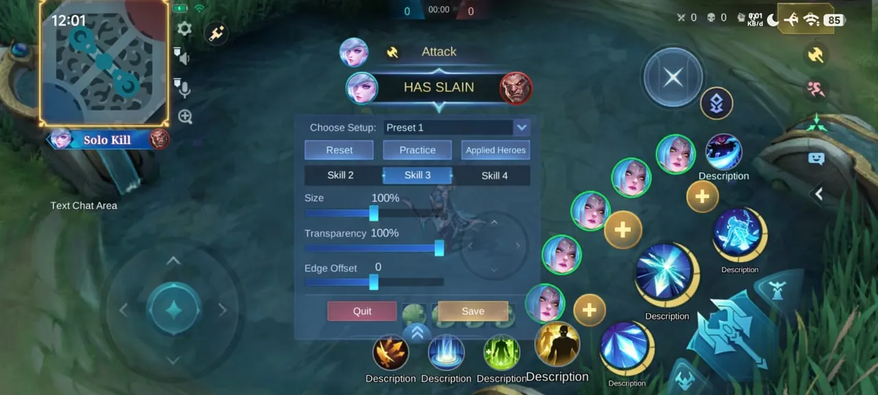 Kustomisasi antarmuka MLBB dengan minimap terpilih serta pengaturan Size, Transparency, dan Edge Offset.