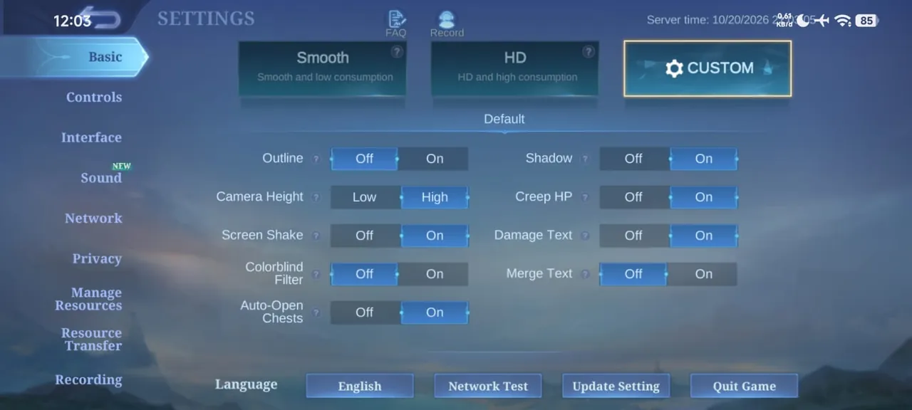 Pengaturan Basic MLBB yang menampilkan Camera Height, Screen Shake, dan pilihan grafis.