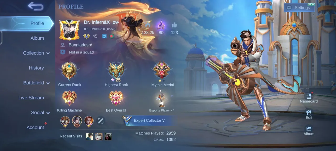 Halaman profil MLBB dengan hero yang ditampilkan, informasi rank, serta tombol Settings dan Edit.