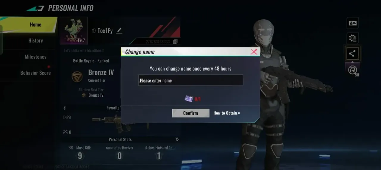 Pop-up Change Name Blood Strike dengan kolom nama baru dan tombol Confirm