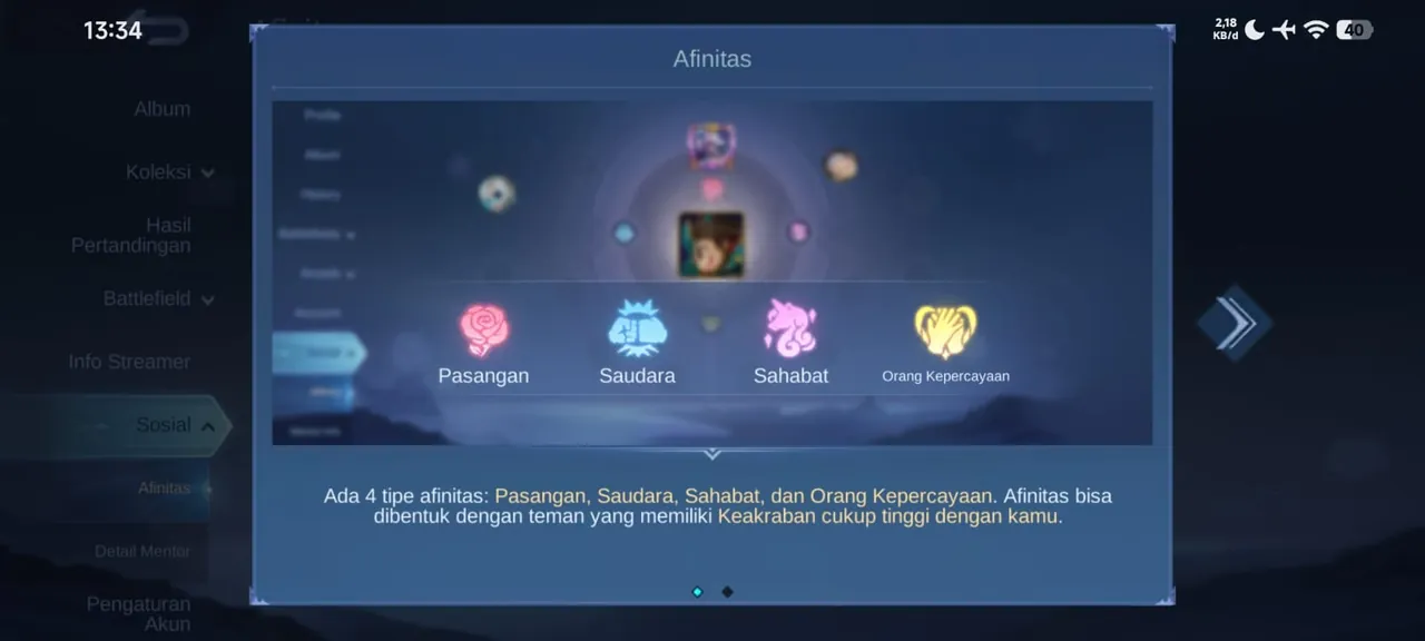 Menu affinity Mobile Legends dengan slot relasi Couple, Bros, Besties dan Confidants