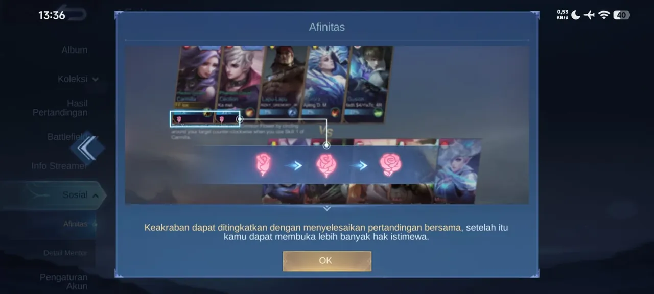 Loading screen Mobile Legends menampilkan status affinity dua pemain dalam satu tim