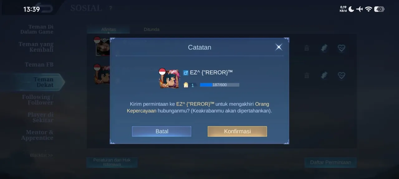 Tab Close Friends di Friend List Mobile Legends dengan ikon tempat sampah untuk mengakhiri affinity