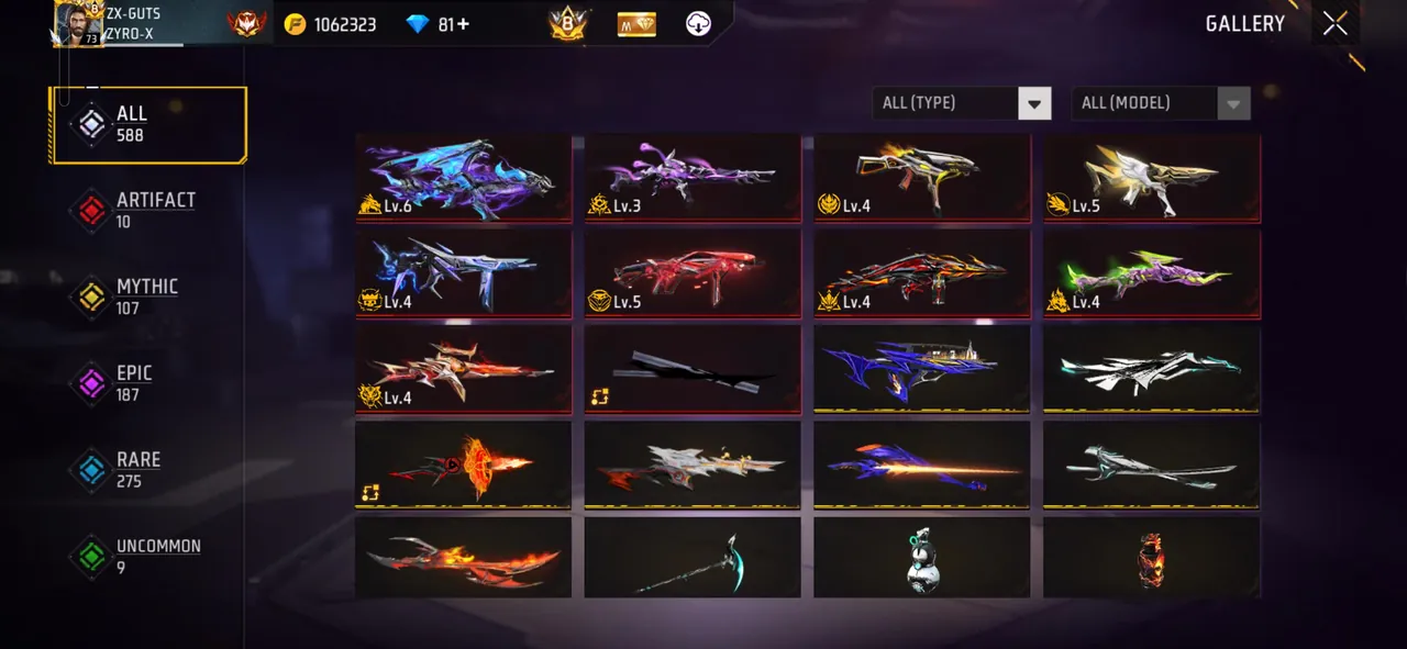 Menu evo gun di Vault Free Fire yang menampilkan level senjata dan tombol upgrade