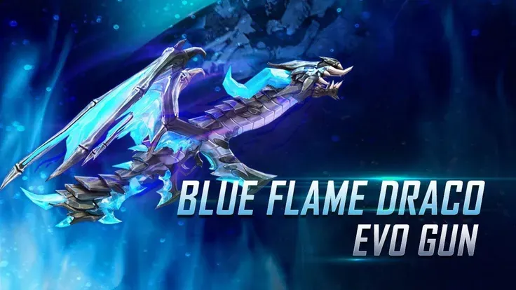 Skin evo gun AK47 Blue Flame Draco dengan efek api biru di Free Fire