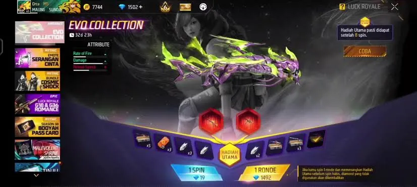 Halaman event Evo Vault Free Fire dengan pilihan spin dan hadiah evo gun