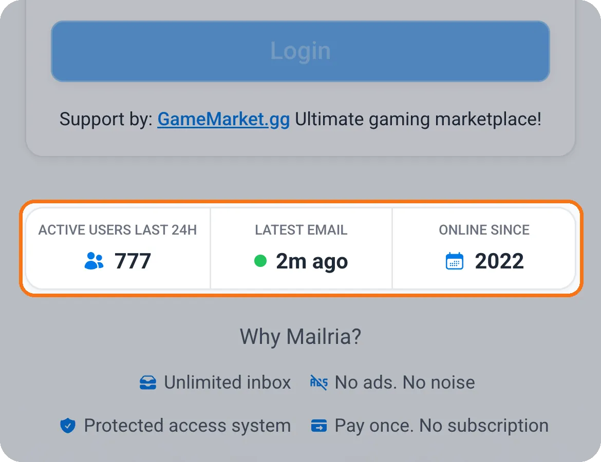 Mailria login page with the live numbers Active users last 24H, Latest email and Online since 2022