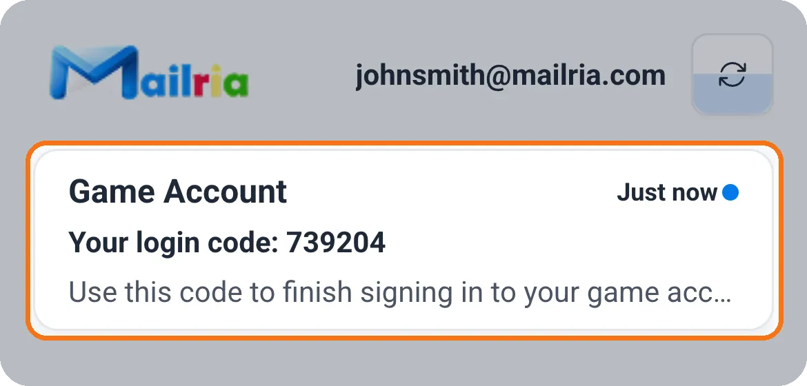 Mailria inbox with an example login code email from a game, marked Just now