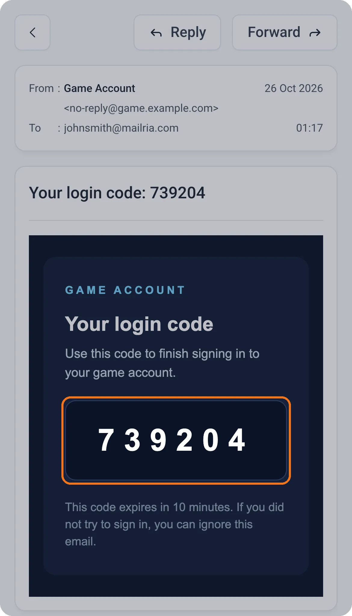 An example game login code email opened in Mailria, showing the 6-digit code