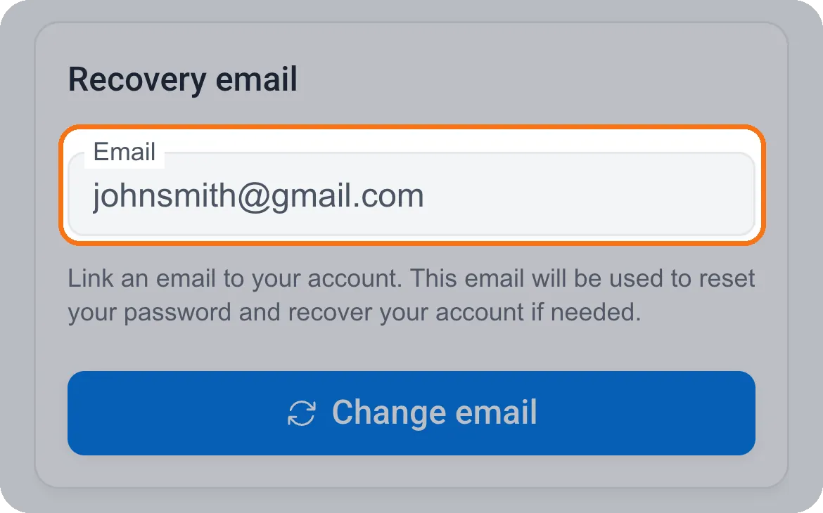 Mailria Settings with the recovery email johnsmith@gmail.com linked and the Change email button