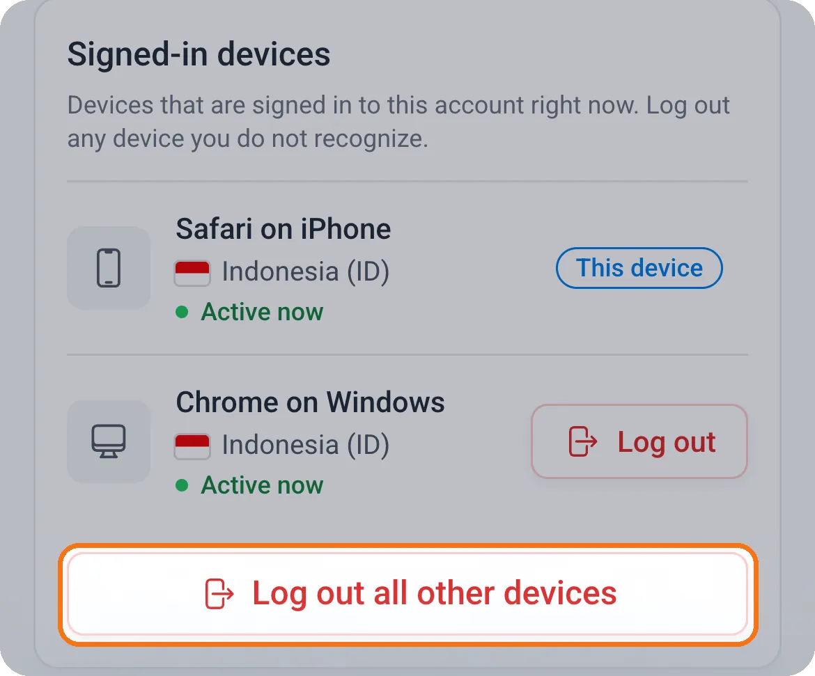 Mailria Signed-in devices card listing an iPhone and a Windows computer with the Log out all other devices button