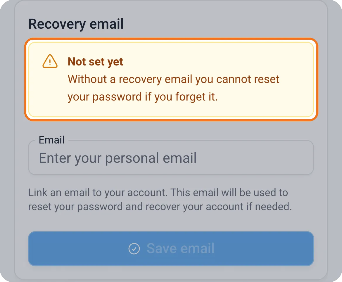 Mailria Settings with the Recovery email card showing Not set yet
