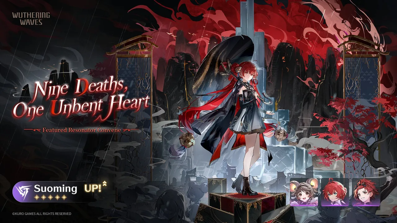 Banner Nine Deaths, One Unbent Heart dengan Suoming sebagai Resonator bintang 5 unggulan.