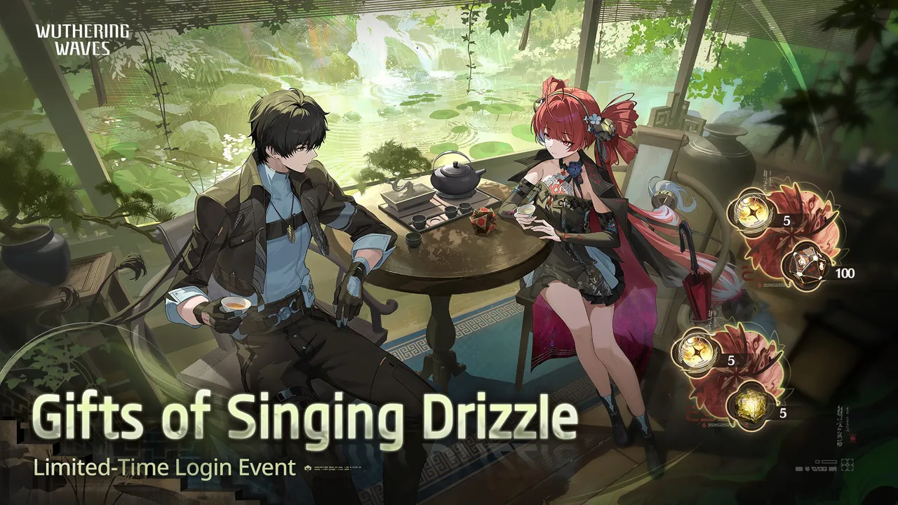 Poster event login Gifts of Singing Drizzle dengan hadiah Radiant Tide, Premium Tuner, dan Crystal Solvent.