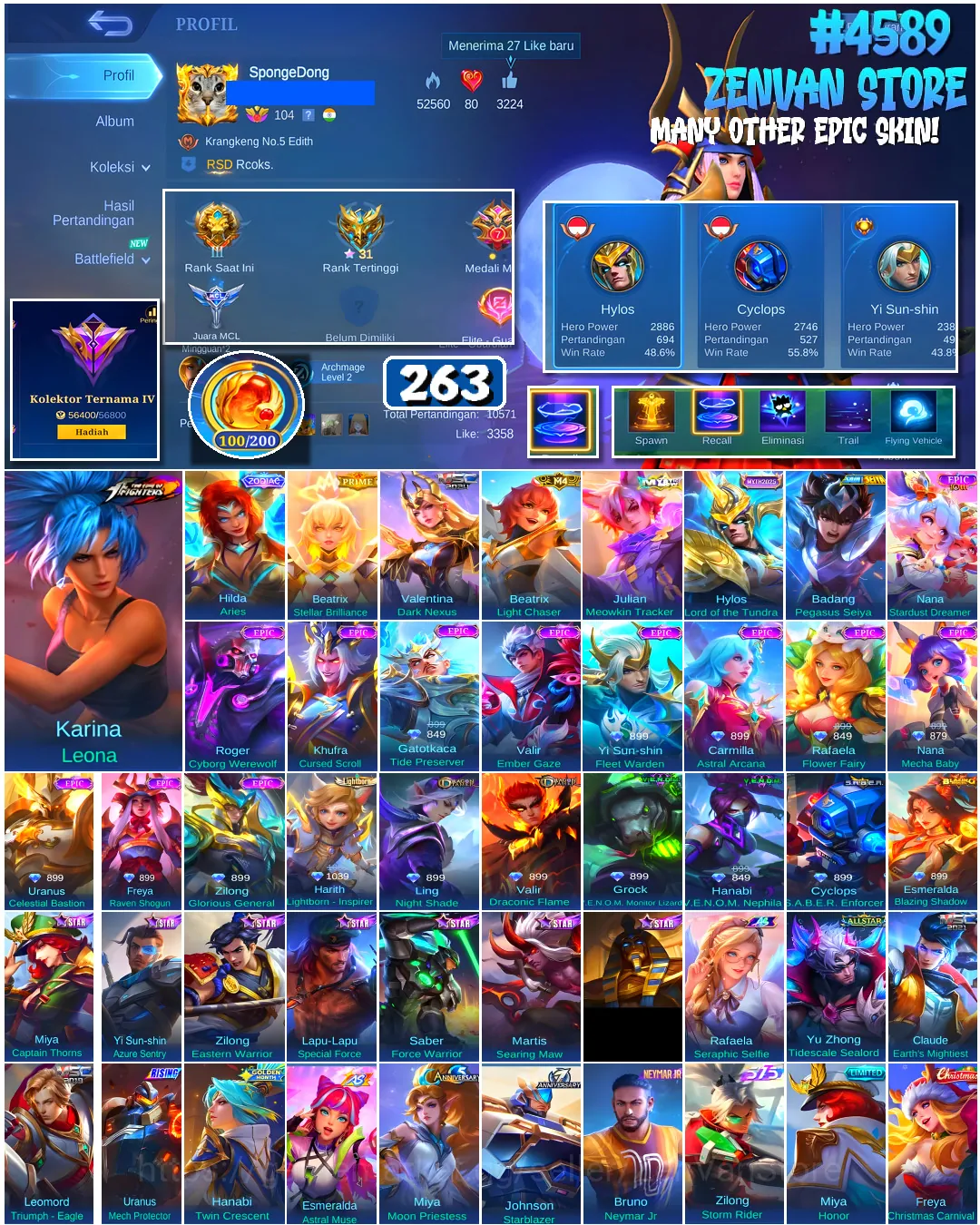 Mobile Legends: Bang Bang Accounts #4589 263 Skins | Karina Leona (KOF) | Badang Pegasus Seiya (SAINT SEIYA) | Beatrix 1