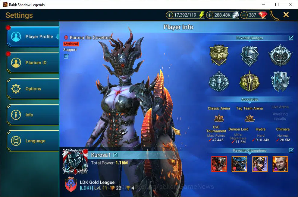 Raid: Shadow Legends Accounts Mid-Game Lv49 1,1M Power|1 Mythic(Kurosa)+28 2