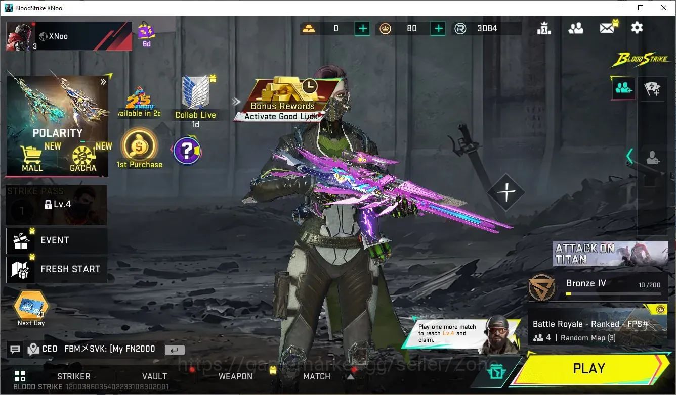 Blood Strike Accounts Starter ASIA|Starter|1 ETERNAL: Galil - Blight's Embrace|1 Legendary Gun|8 Strikers|1 Rare 1