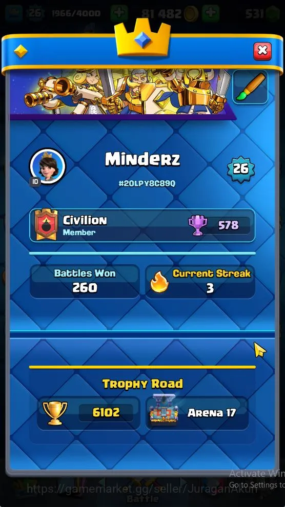 Clash Royale Accounts Lvl 26|Trophy 6102|KTL 10|Limited Skin|Card 92|2 E image 2