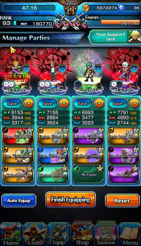 Grand Summoners Accounts Mid-Game [GLOBAL]Rank 93|19 Ascend(WGF+TW,Shirou+TW,Chloe+TW,DLSRimuru+TW,SummerMiyu+TW and 3