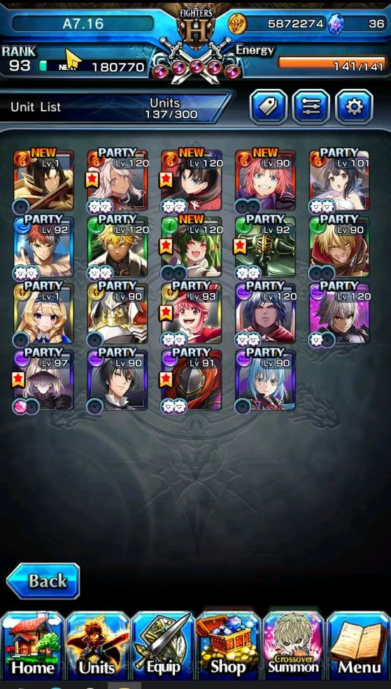 Grand Summoners Accounts Mid-Game [GLOBAL]Rank 93|19 Ascend(WGF+TW,Shirou+TW,Chloe+TW,DLSRimuru+TW,SummerMiyu+TW and 4