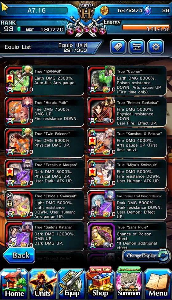 Grand Summoners Accounts Mid-Game [GLOBAL]Rank 93|19 Ascend(WGF+TW,Shirou+TW,Chloe+TW,DLSRimuru+TW,SummerMiyu+TW and 6