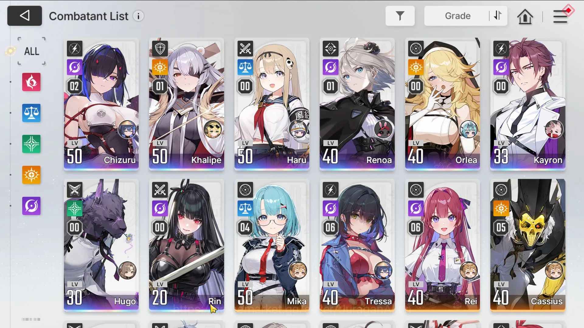Chaos Zero Nightmare Accounts GLOBAL Lv43|8SSR (Chizuru M2+2 Sign,Khalipe M1,Haru,Renoa M1,Rin)10SR|4K Crystal,Ancor:2 Sign 9