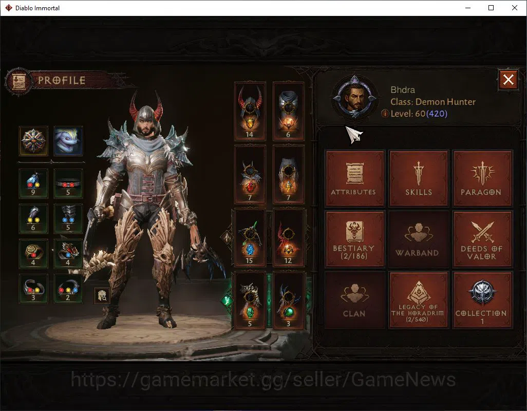 Diablo Immortal Accounts Mid-Tier SA- Malah| Lv60(420)| Demon Hunter |32K CR | Reso 480| Cosmetic | Hell III |Paragon 3