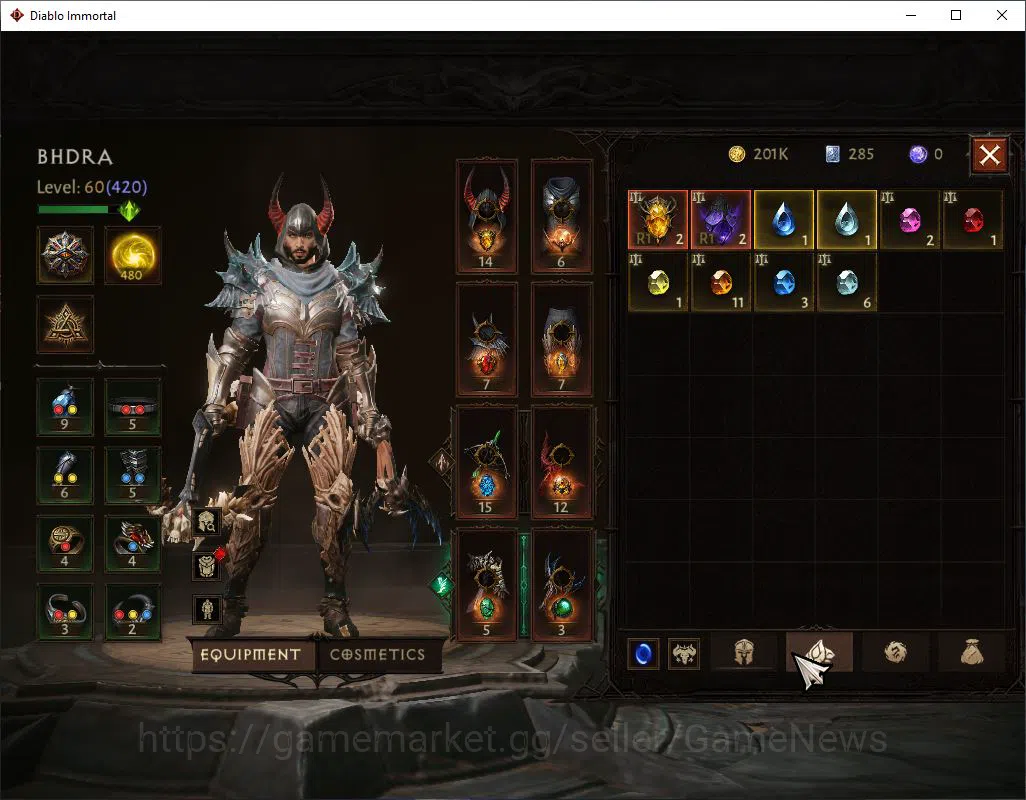 Diablo Immortal Accounts Mid-Tier SA- Malah| Lv60(420)| Demon Hunter |32K CR | Reso 480| Cosmetic | Hell III |Paragon 7