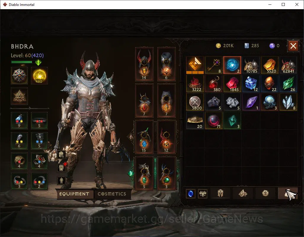 Diablo Immortal Accounts Mid-Tier SA- Malah| Lv60(420)| Demon Hunter |32K CR | Reso 480| Cosmetic | Hell III |Paragon 8