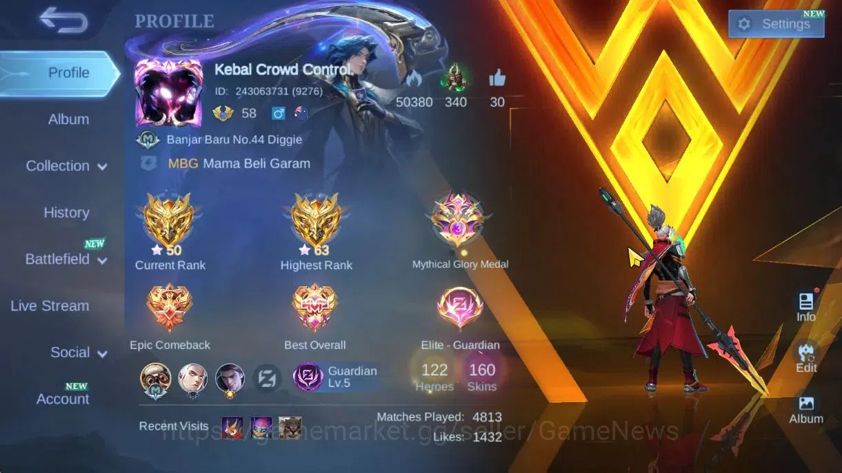Mobile Legends: Bang Bang Accounts Hero 122|Skin 160|High Glory 63|KOF Karina,Spongeb image 2