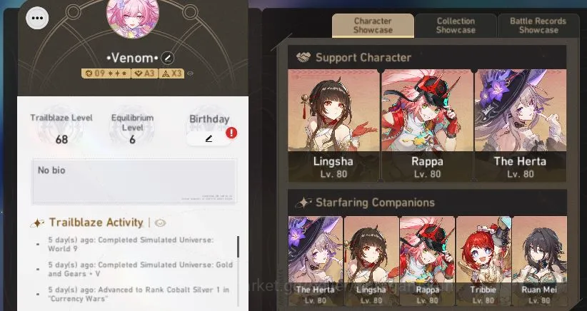 Honkai Star Rail Accounts Mid Game ASIA|TL 68|10 Limited |Cyrene,The Herta+Sign,Sunday,Lingsha,Rappa,3B,RuanMei,Etc|MC 5
